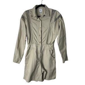 Styleworks Romper Womens Size 6 Beige Long Sleeve Cotton Lace Inset Button Front